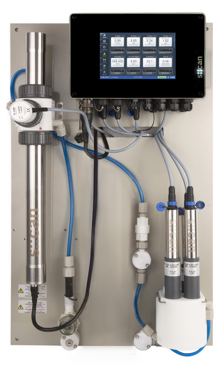 Online water monitoring NTU/FTU, NO3, TOC, DOC, pH, EC, Temp, one disinfection parameter (1 free sensorspace), Alarms
