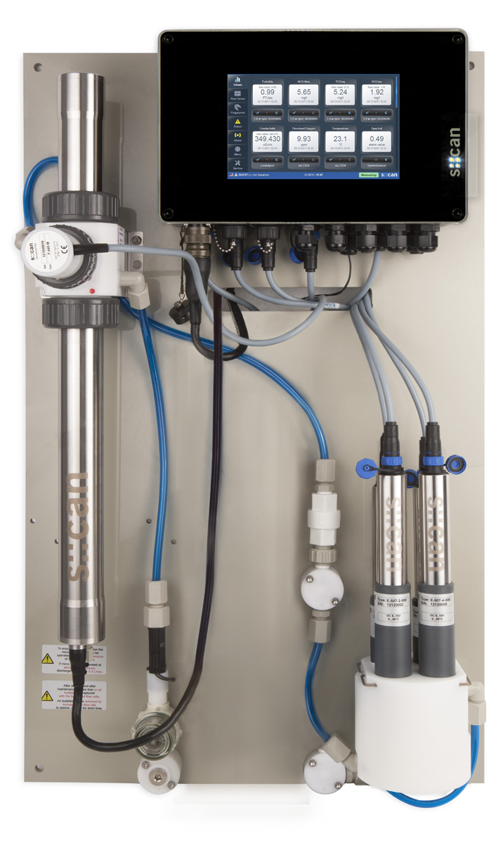 Online water monitoring NTU/FTU (est), NO3, NO2, TOC, DOC, pH, EC, 2 disinfection